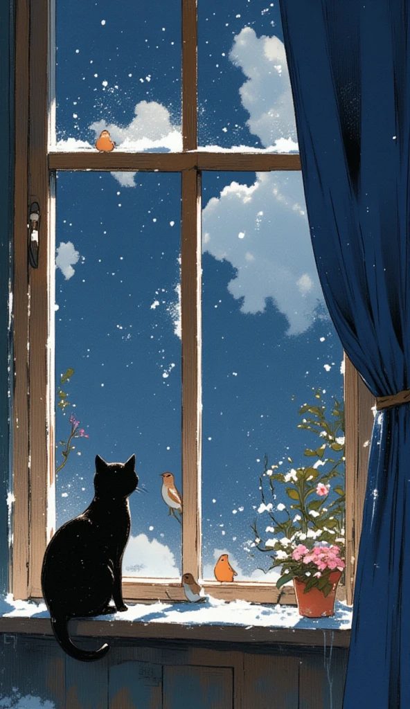 The image is a painting ,shows a window with a black cat and two orange birds sitting on the window sill. The window is covered with snow and there is a blue curtain hanging on the right side of the window. The cat is looking out the window with its black and white fur and is surrounded by two small potted plants and a pink flower. The birds are brown, orange, and white and appear to be birds of different sizes. The background is a dark blue sky with white clouds. The overall mood of the image is peaceful and serene.