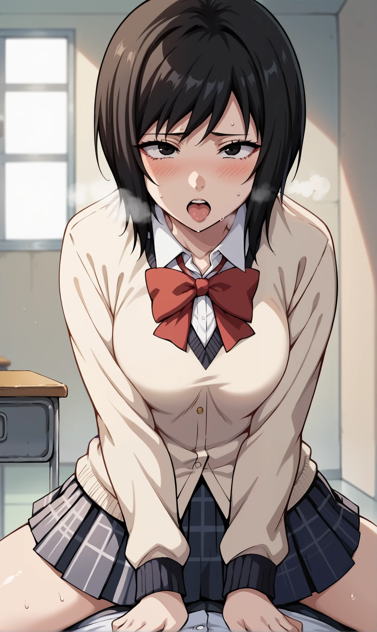 score_9, score_8_up, score_7_up, source_anime, 4K, perfect fingers,(perfect hands, perfect anatomy), uncensored, 
1 girl,solo,shizune, short hair, black hair, black eyes, medium breasts,,
wearing (plaid skirt, pleated, pleated skirt, red bow, school uniform, shirt, shuujin academy school uniform, skirt, sweater:1.2),
((indoors, (prison cell:1.2),)), Pov against the wall straddling, sweating, hot breath, ahegao,