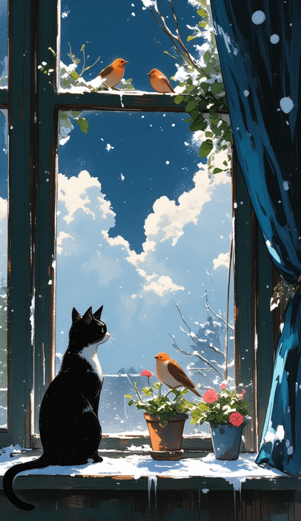 The image is a painting ,shows a window with a black cat and two orange birds sitting on the window sill. The window is covered with snow and there is a blue curtain hanging on the right side of the window. The cat is looking out the window with its black and white fur and is surrounded by two small potted plants and a pink flower. The birds are brown, orange, and white and appear to be birds of different sizes. The background is a dark blue sky with white clouds. The overall mood of the image is peaceful and serene.