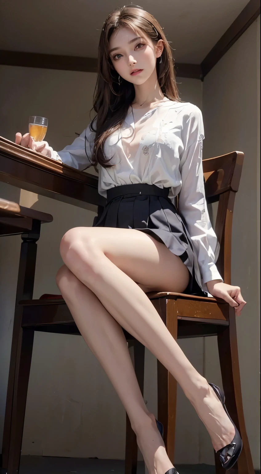 Bright room、Ultra-high resolution、RAW Photos、8K、Detailed skin type、Age 22 years old、(New Bride)、((smile))、((blunt bangs))、((hime_cut))、((Sunny kitchen))、Big Breasts、(White tight puff sleeve shirt)、Black Hair、(Delicate illustrations drawn in detail)、((Grey Skirt))、((Sit on a chair in the Kitchen))、((Skirt Lift))、((Spread your legs))、((detailed design panties))、((Printed panties))、(Wear socks)、