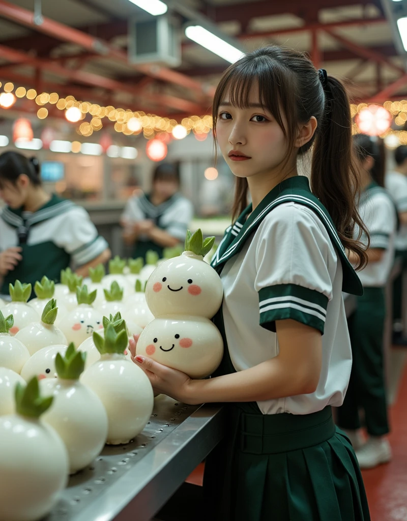 ultra-realistic, photorealistic, dramatic scene, shadow, global-illumination, solo, very beautiful Japanese woman, she is high school student, she works part-time at the factory, very beautiful with very cute but boyish cool face, wearing high school sailor uniform, she is working at the realistic anime-figure factory, She is holding a realistic daikon shaped clock that is being carried on a conveyor belt, Many identical clocks are being carried on a conveyor belt in an orderly fashion, the cute clock that she is holding is 1 daikon\(white porcelain, analog clock, intricated detailing, antique, elegant, daikon radish shaped clock, Meissen, Cibulak, Glossy and smooth surface, large, very cute, smile, chubby, full body\), the factory is gorgeously decorated with bamboo and festive Christmas illuminations, shoot from side