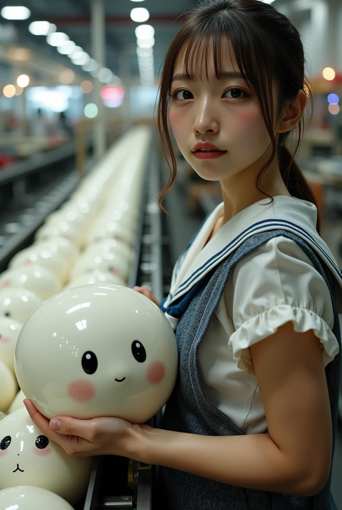 ultra-realistic, photorealistic, dramatic scene, shadow, global-illumination, solo, very beautiful Japanese woman, she is high school student, she works part-time at the factory, very beautiful with very cute but boyish cool face, wearing high school sailor uniform, she is working at the realistic anime-figure factory, She is holding a realistic daikon shaped clock that is being carried on a conveyor belt, Many identical clocks are being carried on a conveyor belt in an orderly fashion, the cute clock that she is holding is 1 daikon\(white porcelain, analog clock, intricated detailing, antique, elegant, daikon radish shaped clock, Meissen, Cibulak, Glossy and smooth surface, large, very cute, smile, chubby, full body\), the factory is gorgeously decorated with bamboo and festive Christmas illuminations, shoot from side