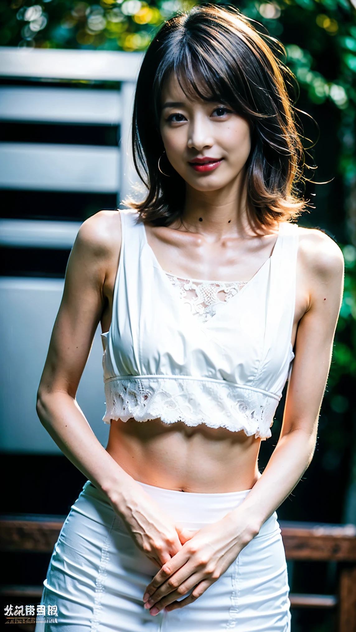 ((top-quality、8K、​masterpiece: 1.erfect Body Beauty: 1.4、Slender Abs: 1.2、Beautiful woman with slender abs:1.3、(Highlight Haircutreast B Cup:1.2), medium breast, round shape breast, perfect shape breast, ((  sexy , sheer )), necklace, hyperdetailed face、18year old、 Pretty women、(Dark brown short-cut hair), Slim Face、Highly detailed facial and skin texture、very detailed lips、opens legs、top-quality、​masterpiece、超A high resolution、(Photorealsitic:1.4), walked forward confidently, long shot ,  studio setup, photography steup, light from both side, background,