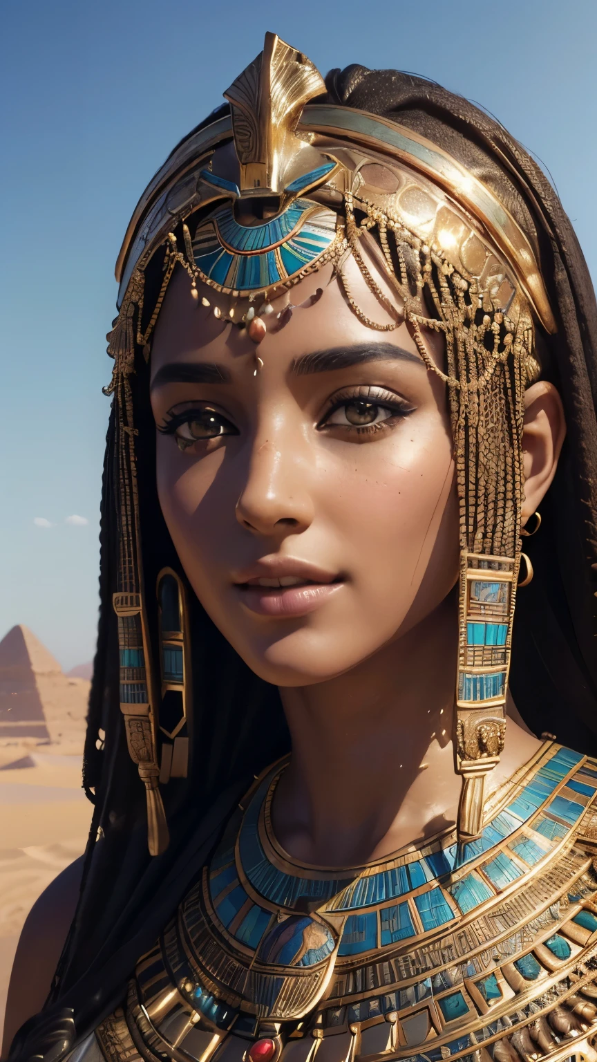 (best quality,4k,8k,highres,masterpiece:1.2),ultra-detailed,(realistic,photorealistic,photo-realistic:1.37),very beautiful girl, arabic descendant, statuesque figure, majestic ancient egyptian queen attire, detailed skin textures, desert background, wind gust, subtle smile, oil painting, portraits, vivid colors, warm color tones, soft lighting.