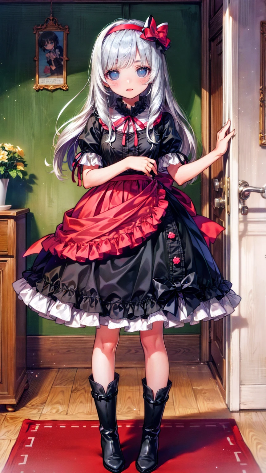   anime style  、story、、 cute女の子 、とてもcute天使、   pink gothic dress standing in front of the front door 、cute、baby face、smile、   Long Skirt  、   black boots  、Very cute headband
