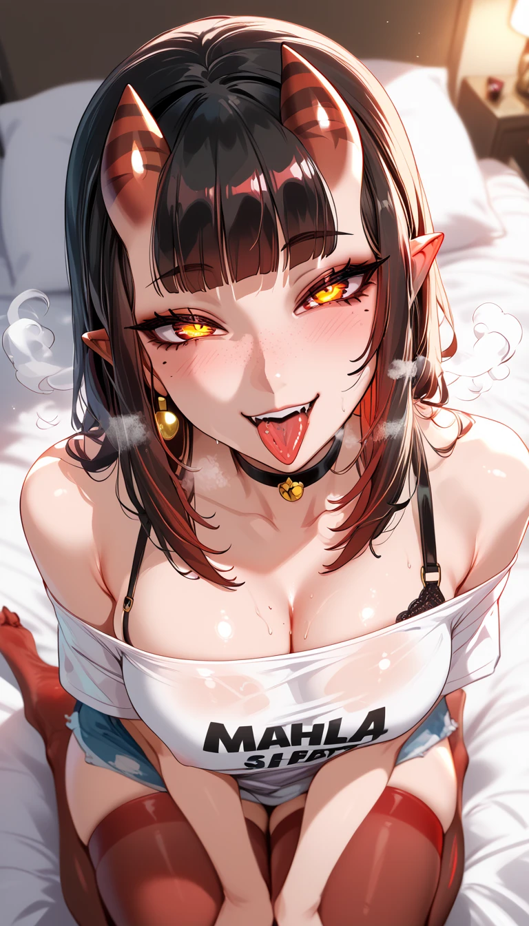 masterpiece、 High Quality 、 high image quality、 super detailed 、On a dark hotel bed、sit、Photograph from above、throw, photograph of a beautiful、Photo_Comparison、 opens her mouth wide and sticks out her tongue、((oily skin, steam,  devil smile ))、 high angle、Meru the Succubus (merunyaa) 、 off-shoulder shirt、((( healthy work)))