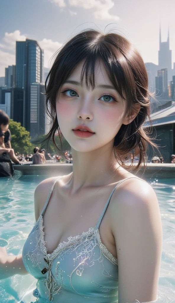 (Masterpiece:1.4), (Highest quality:1.4), 3 girls, group shot, hot spring bath, cute face, detailed face, metropolis, futuristic architecture, Tokyo, (crowd), passengers, outside, at the pond bath, view, relax, happy