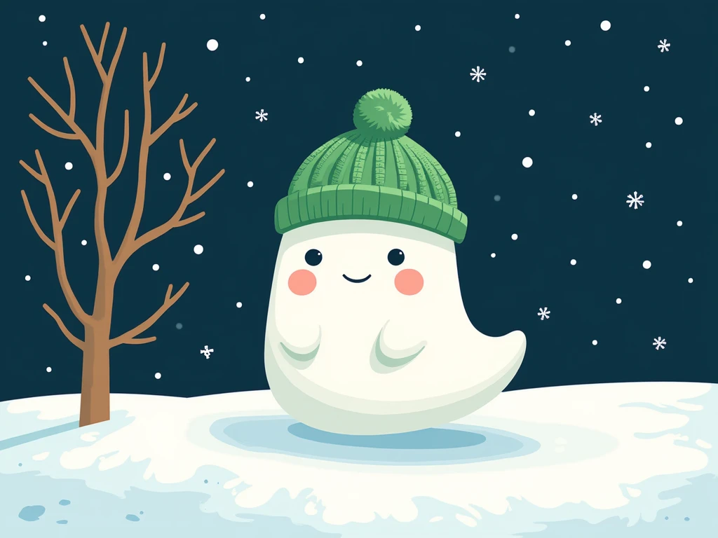 Illustration in style of pattern2 ,in style of  minimalism and cartoon, a cute chubby ghost ,a green knitted hat with a pom-pom on the top of it.lofi cozy autumn, winter season, ultrawide , landscape, bobo,tree and snow, nights,stars 