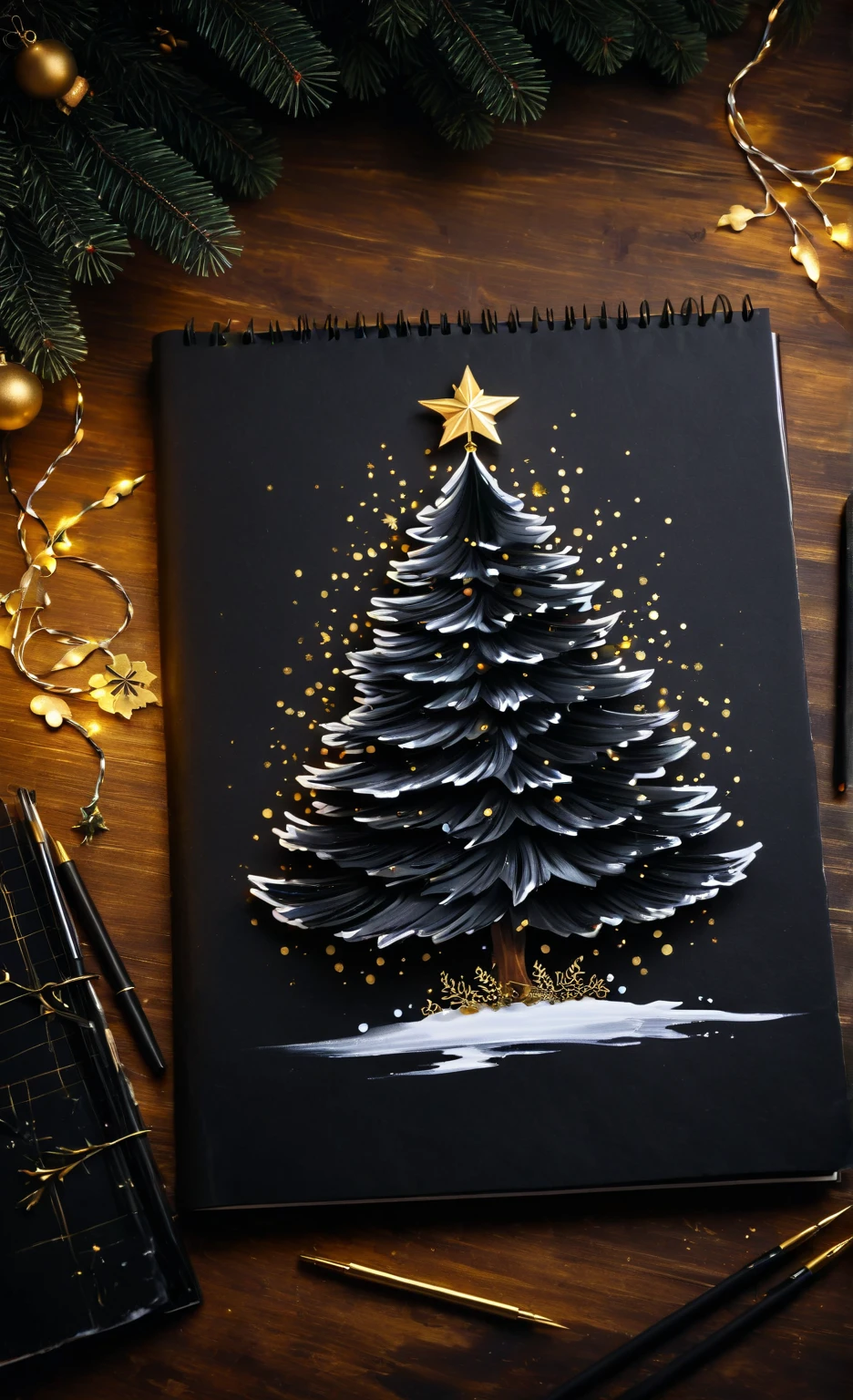 three-dimensional image , on the table, a sketchnotebook with black sheets of paper ,  a Christmas tree is painted with gouache ,  a clutched garland falls on top of the sheet of paper, ,  High definition ,  high detail,  dim lighting 