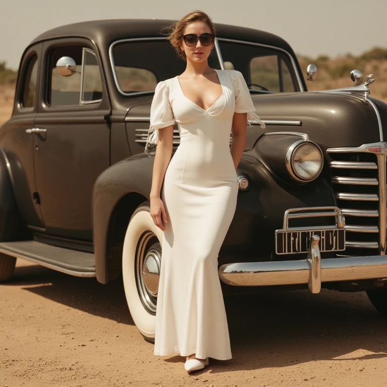 Gorgeous red hair, busty, bimbo, very huge breast, tan skin, wearing elegant clothes, wearing fancy dress, wearing fancy hat, standing in front of Rolls Royce covered up cleavage, no cleavage, rich, luxury, beautiful sky, beautiful clouds, dawn, sunset