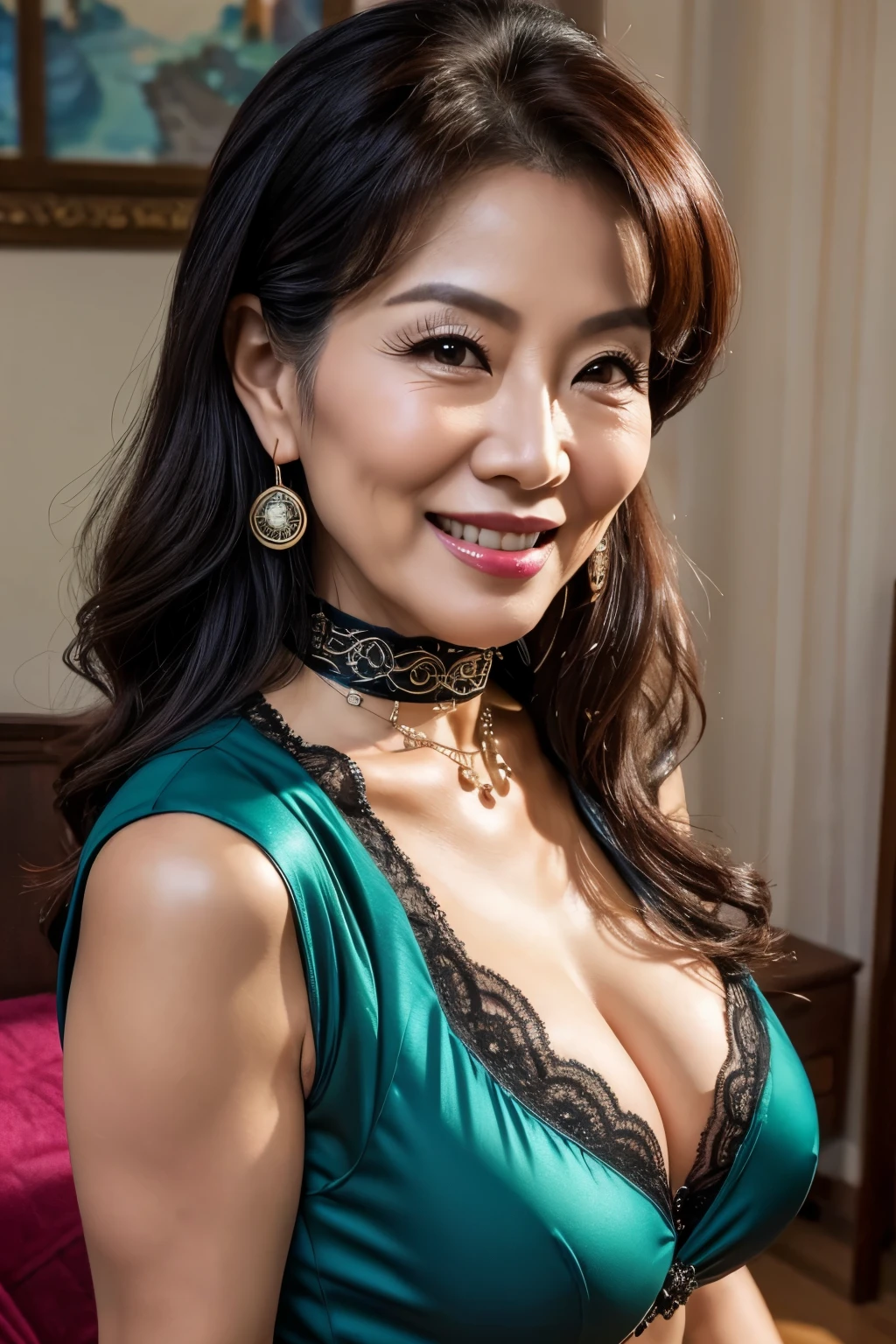 realistic photo, photorealistic, intricate details, hires photo of a skinny chinese milf, (Solo), 40 years old, full body, (Wrinkles at the corners of the eyes:1.2), large round breast implants, fake DD-Cup tits, A MILF, glamor, A sexy, Chromo-white skin, Looking at Viewer, (Fancy makeup:1.4), deep low plunge sun dress that shows cleavage, sitting on a couch, looking into camera, unhappy expression. rude.
