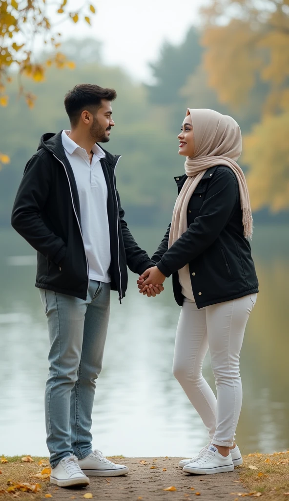 with black headscarf, barefoot, in jeans, braless woman, Sitting on her boyfriend&#39;s lap in the park bench