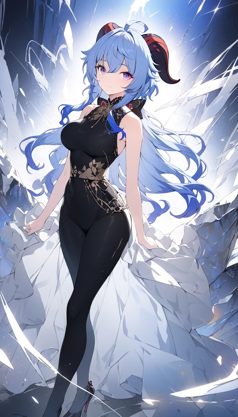 a beautiful woman wearing a sleek black jumpsuit, cinched waist, high heels, elegant pose, (best quality,4k,8k,highres,masterpiece:1.2),ultra-detailed, stunning detailed face, beautiful detailed eyes, beautiful detailed lips, extremely detailed eyes and face, longeyelashes, vivid colors, elegant, high fashion, dramatic lighting, atmospheric, cinematic, dramatic composition, dynamic pose, high-end fashion editorial, physically-based rendering, extreme detail description, vivid colors, oft focus, depth of field, atmospheric, ganyu, blue hair, goat horns, horns, long hair, purple eyes, sidelocks, big breasts, full body ,skin pores, score_9, score_8_up, score_7_up, (sfw), (cowboy shot, dutch angle:1.2), 1girl, solo, mature female, whole body shot ,1girl, solo, mature female, smiling, closed mouth ,1girl, solo, mature female, (negative_v2 Color_Balance_Calibration:0.8), Stable_Yogis_Animetoon_Negatives, negativeXL_D, aidxlv05_neg
