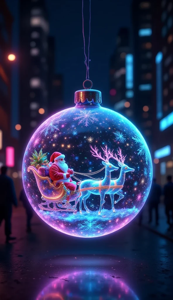 Illustrate a holographic artwork featuring Santa Claus and his reindeer, transformed into radiant, shimmering holograms as they traverse a starry Christmas Eve sky. (Santa, dressed in a digitalized attire made of pixelated red and white hologram patterns) holds a translucent sack overflowing with holographic gifts, intricately detailed with swirling patterns of lights. His reindeer, each uniquely designed with luminous antlers and bodies composed of intersecting light beams, gallop across the canvas, leaving trails of twinkling stars in their wake. Above this fantastical scene, the night sky bursts with vivid, animated auroras, creating waves of light that transition through a spectrum of colors. Below, the sleepy town reflects these holograms as the rooftops and trees sparkle with their own web of Christmas lights, weaving a tapestry of modern holiday wonder.