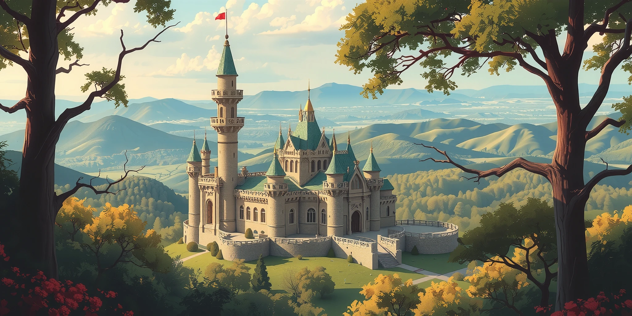 castle,forest,Landscape, Magnificent Scenery ,Disney style illustration,Warm colors,There are no character figures, background