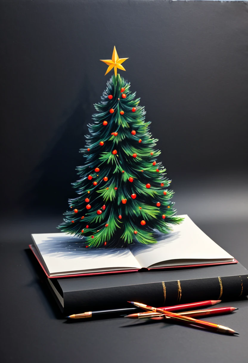 three-dimensional image , on the table, a sketchnotebook with black sheets of paper ,  a Christmas tree is painted with gouache ,  a clutched garland falls on top of the sheet of paper, ,  High definition ,  high detail,  dim lighting 