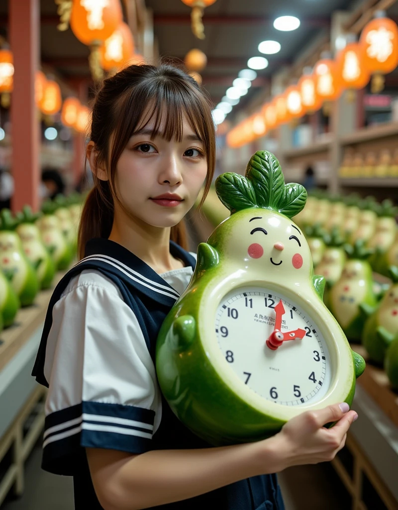 ultra-realistic, photorealistic, dramatic scene, shadow, global-illumination, solo, very beautiful Japanese woman, she is high school student, she works part-time at the factory, very beautiful with very cute but boyish cool face, wearing high school sailor uniform, she is working at the realistic anime-figure factory, She is holding a realistic daikon shaped clock that is being carried on a conveyor belt, Many identical clocks are being carried on a conveyor belt in an orderly fashion, the cute clock that she is holding is 1 daikon\(white porcelain, analog clock, intricated detailing, antique, elegant, daikon radish shaped clock, Meissen, Cibulak, Glossy and smooth surface, large, very cute, smile, chubby, full body\), the factory is gorgeously decorated with bamboo and festive Christmas illuminations, shoot from side