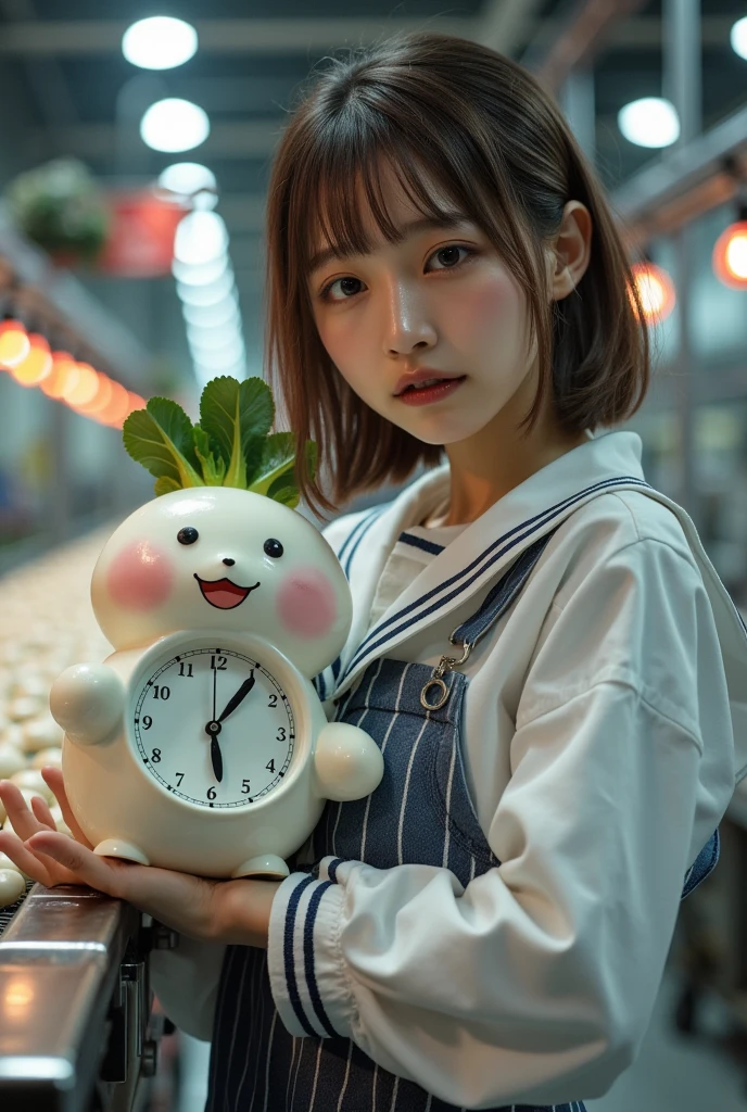 ultra-realistic, photorealistic, dramatic scene, shadow, global-illumination, solo, very beautiful Japanese woman, she is high school student, she works part-time at the factory, very beautiful with very cute but boyish cool face, wearing high school sailor uniform, she is working at the realistic anime-figure factory, She is holding a realistic daikon shaped clock that is being carried on a conveyor belt, Many identical clocks are being carried on a conveyor belt in an orderly fashion, the cute clock that she is holding is 1 daikon\(white porcelain, analog clock, intricated detailing, antique, elegant, daikon radish shaped clock, Meissen, Cibulak, Glossy and smooth surface, large, very cute, smile, chubby, full body\), the factory is gorgeously decorated with bamboo and festive Christmas illuminations, shoot from side