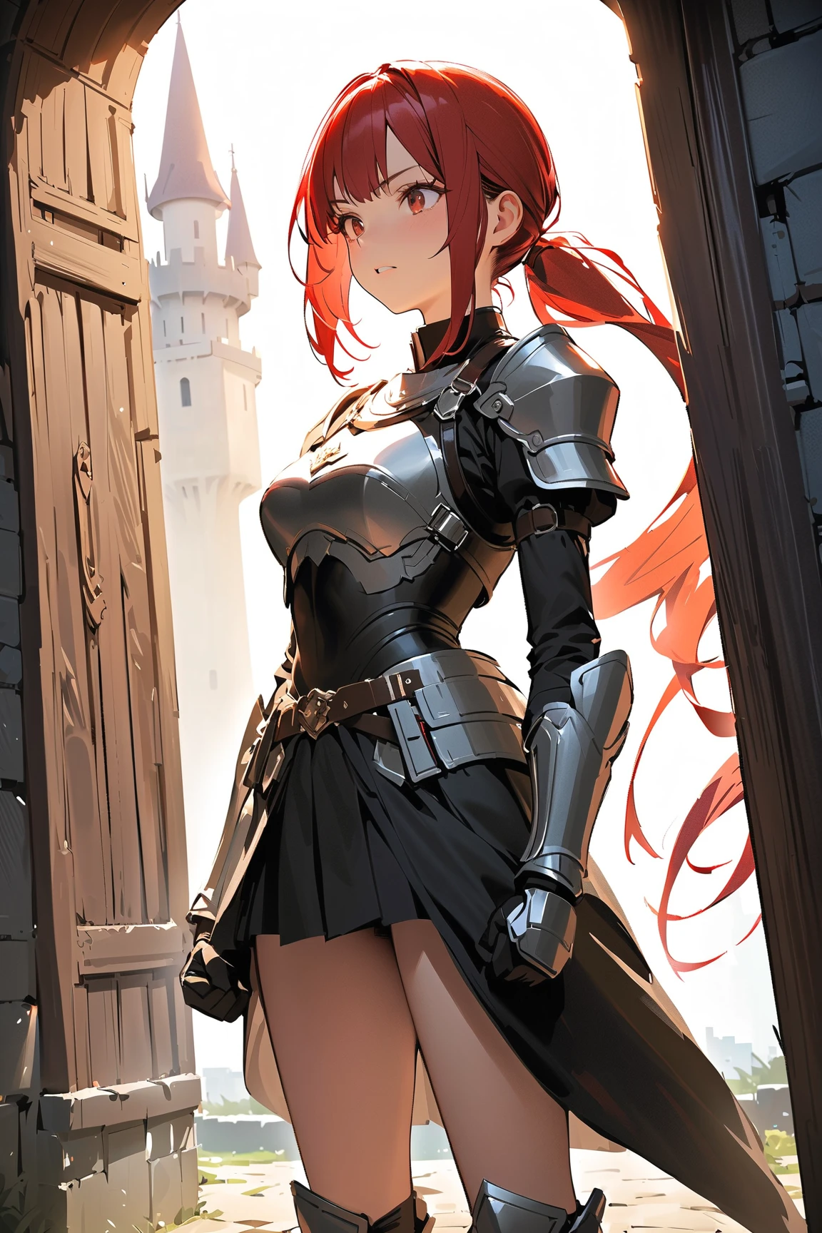 Red-haired warrior girl, young girl, pretty face, thin girl, pretty girl, skinny girl, She's wearing a plate armor, medieval armor, steel breastplate, steel gauntlets, steel gloves, (red miniskirt: 1.5), (sitting, spread her legs: 1.1), (her panties are showing: 1.2), you can see her panties, underwear, pantyshot, upskirt, (cameltoe: 1.3), (white panties), panties appearing, medieval fantasy, Dungeons and dragons, RPG character, best quality, (masterpiece), 8k