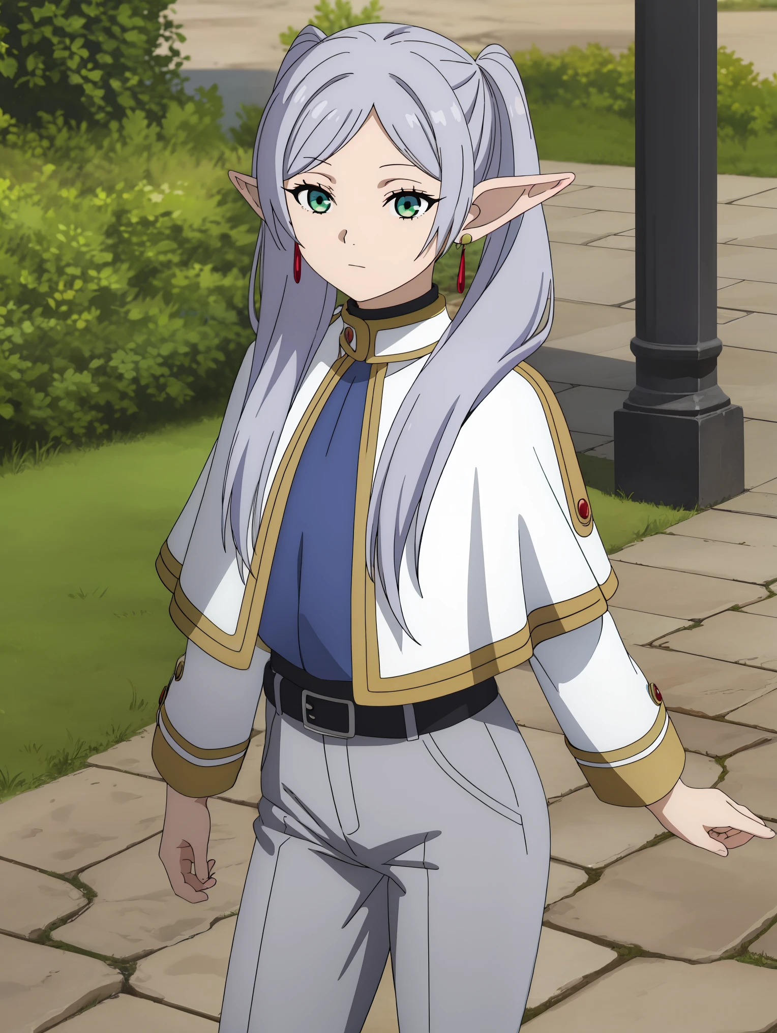 ((highest quality)),((Very detailed)),masterpiece,Detailed face,Beautiful Face,(Fine grain, small_Eye light, Deep Eyes),One girl((Dynamic pose)),, Pointed Ears, White capelet, alone, Fairy, Earrings, Green Eyes, Long Hair, Outdoor, Day, formal Gray Hair, null, Twin tails, white tuxedo , blue tie , pants Anime girl, suit , blue tie , extending hand , confident pose