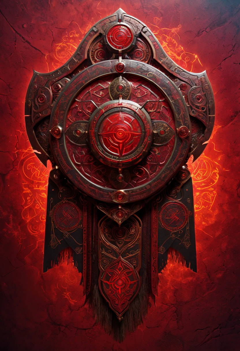 Mythical shield and digital art, depicting an ancient, weathered relic from the World of Warcraft universe, adorned with mystical, pulsing runes that shimmer in shades of red and gold. The surface is emblazoned with the words "POMPANO" in bold, Celtic-inspired lettering, atop a spiral motif reminiscent of eldritch power. Below, the rallying cry "FOR THE ALLIANCE" is etched in fiery red, contrasted against a darker, smoky gradient, evoking the darkness and mystery of a warrior’s aura, with an overall aesthetic that's both gritty and otherworldly., cinematic, 4k, epic Steven Spielberg movie still, sharp focus, emitting diodes, smoke, artillery, sparks, racks, system unit, motherboard, by pascal blanche rutkowski repin artstation hyperrealism painting concept art of detailed character design matte painting, 4 k resolution blade runner