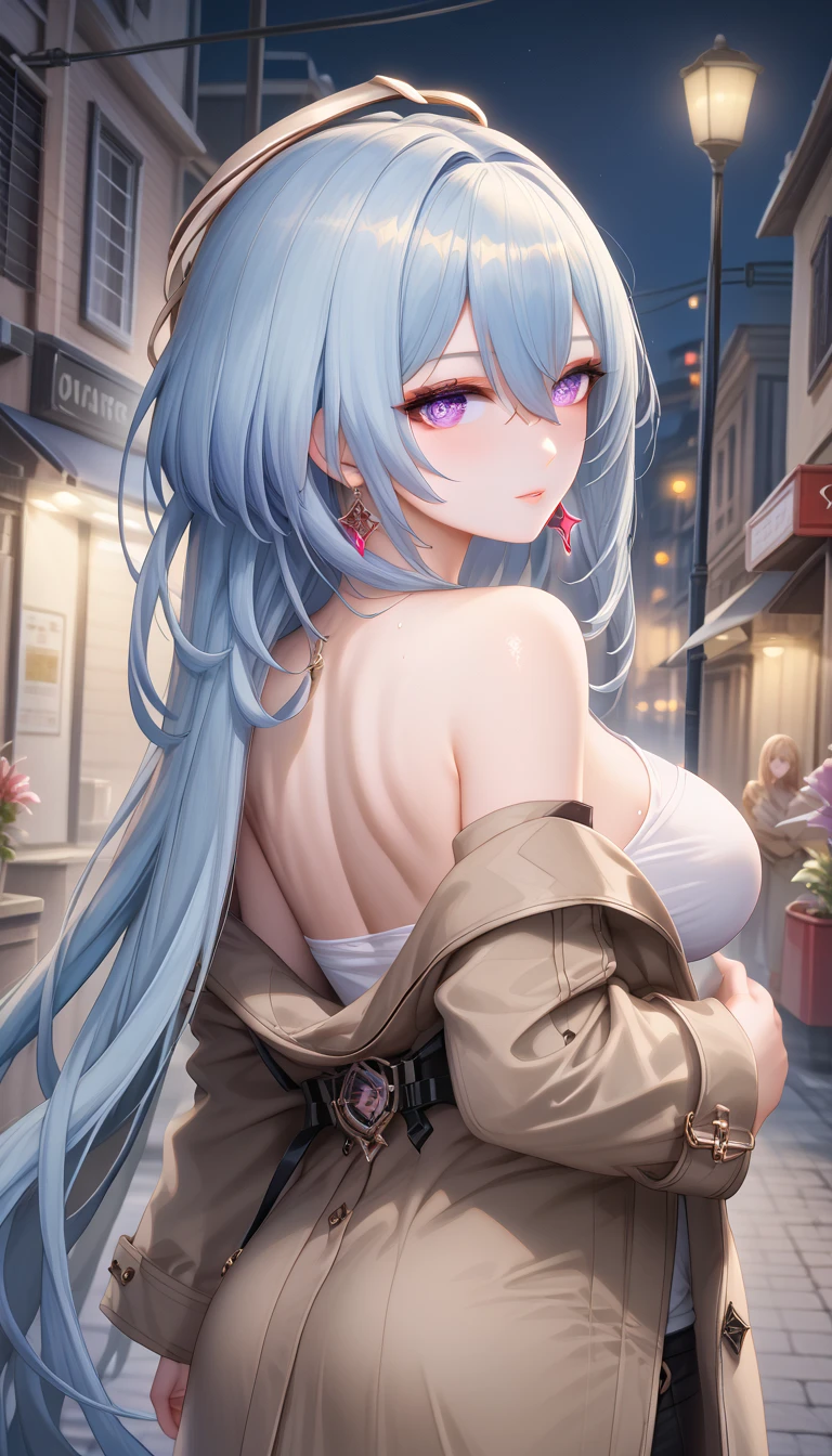 ultra-detailed,(best quality),((masterpiece)),(highres),original,extremely, 1girl, griseo, honkai impact 3rd,beautiful lady, purple eyes, blue hair, large breasts, blush, long hair, trench coat , beautiful body, body heat, curvy, mature, white skin, back view, looking at viewer, dark night street, back alley, look back,modern style, from a distance,