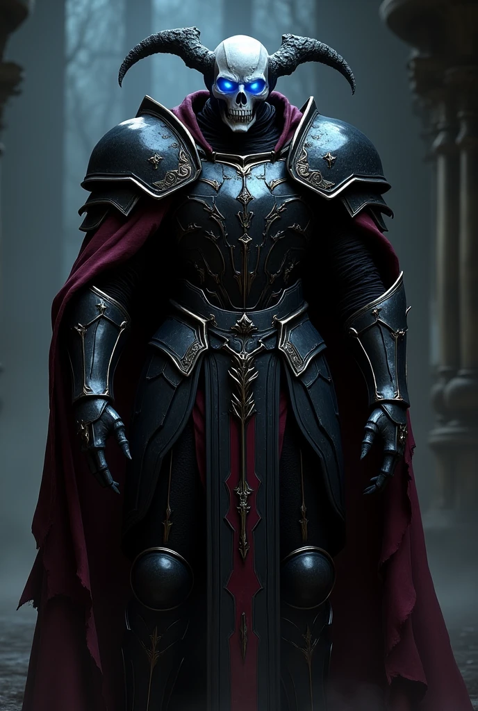 a powerful gothic knight in black armor, helmet with a skull face and glowing blue eyes, dark burgundy cape, intricate gothic details, dramatic lighting, moody atmosphere, cinematic composition, highly detailed, dark fantasy, photorealistic, 8k, (best quality,4k,8k,highres,masterpiece:1.2),ultra-detailed,(realistic,photorealistic,photo-realistic:1.37)