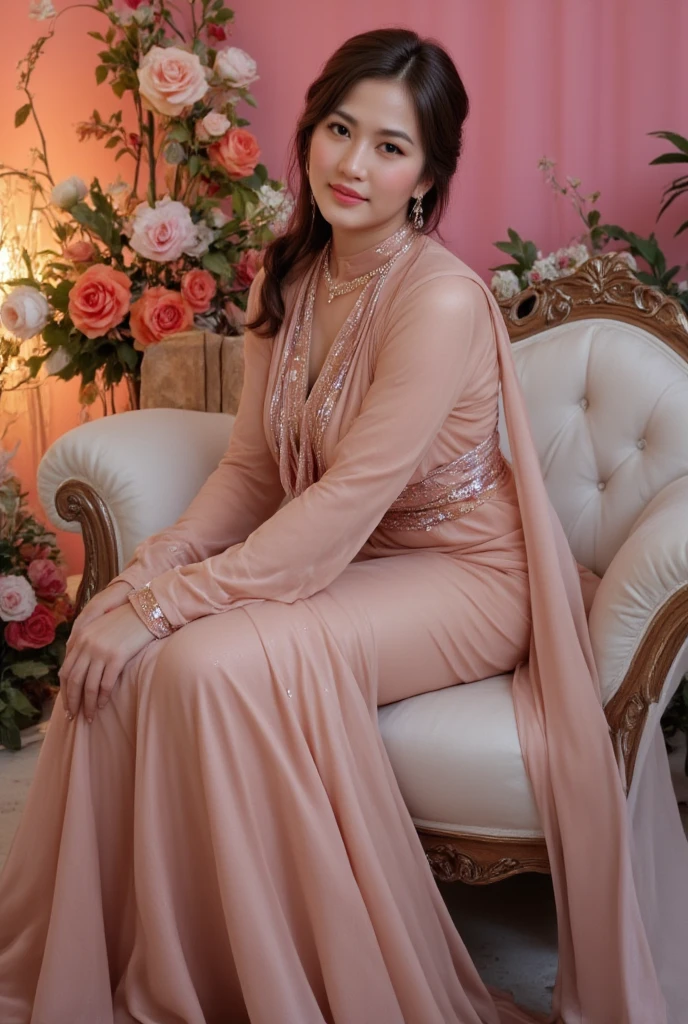 Full-body beautiful indonesian woman, wearing chiffon gamis, wearing chiffon hijab, Sitting on the fluffy sofa, in the indonesian wedding parti situation in the background. Look at the viewer, 