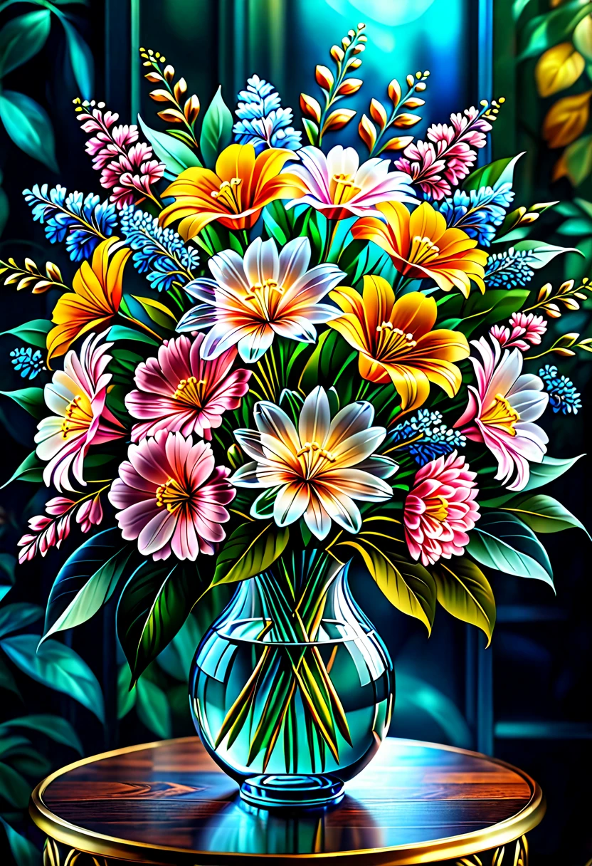 flower, glass, patterns, Beautiful Lines , picture,  Very Beautifully drawn,  Lush Flower Bouquet , Transfiguration,  masterpiece fails,  complex , 8 k,  maximum quality ,  better quality , perfect, Wonderful, 