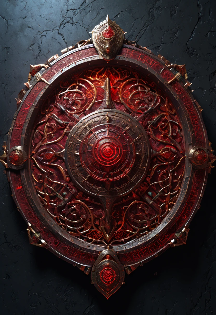 Mythical shield and digital art, depicting an ancient, weathered relic from the World of Warcraft universe, adorned with mystical, pulsing runes that shimmer in shades of red and gold. The surface is emblazoned with the words "POMPANO" in bold, Celtic-inspired lettering, atop a spiral motif reminiscent of eldritch power. Below, the rallying cry "FOR THE ALLIANCE" is etched in fiery red, contrasted against a darker, smoky gradient, evoking the darkness and mystery of a warrior’s aura, with an overall aesthetic that's both gritty and otherworldly., cinematic, 4k, epic Steven Spielberg movie still, sharp focus, emitting diodes, smoke, artillery, sparks, racks, system unit, motherboard, by pascal blanche rutkowski repin artstation hyperrealism painting concept art of detailed character design matte painting, 4 k resolution blade runner