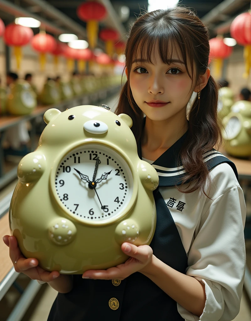 ultra-realistic, photorealistic, dramatic scene, shadow, global-illumination, solo, very beautiful Japanese woman, she is high school student, she works part-time at the factory, very beautiful with very cute but boyish cool face, wearing high school sailor uniform, she is working at the realistic anime-figure factory, She is holding a realistic daikon shaped clock that is being carried on a conveyor belt, Many identical clocks are being carried on a conveyor belt in an orderly fashion, the cute clock that she is holding is 1 daikon\(white porcelain, analog clock, intricated detailing, antique, elegant, daikon radish shaped clock, Meissen, Cibulak, Glossy and smooth surface, large, very cute, smile, chubby, full body\), the factory is gorgeously decorated with bamboo and festive Christmas illuminations, shoot from side