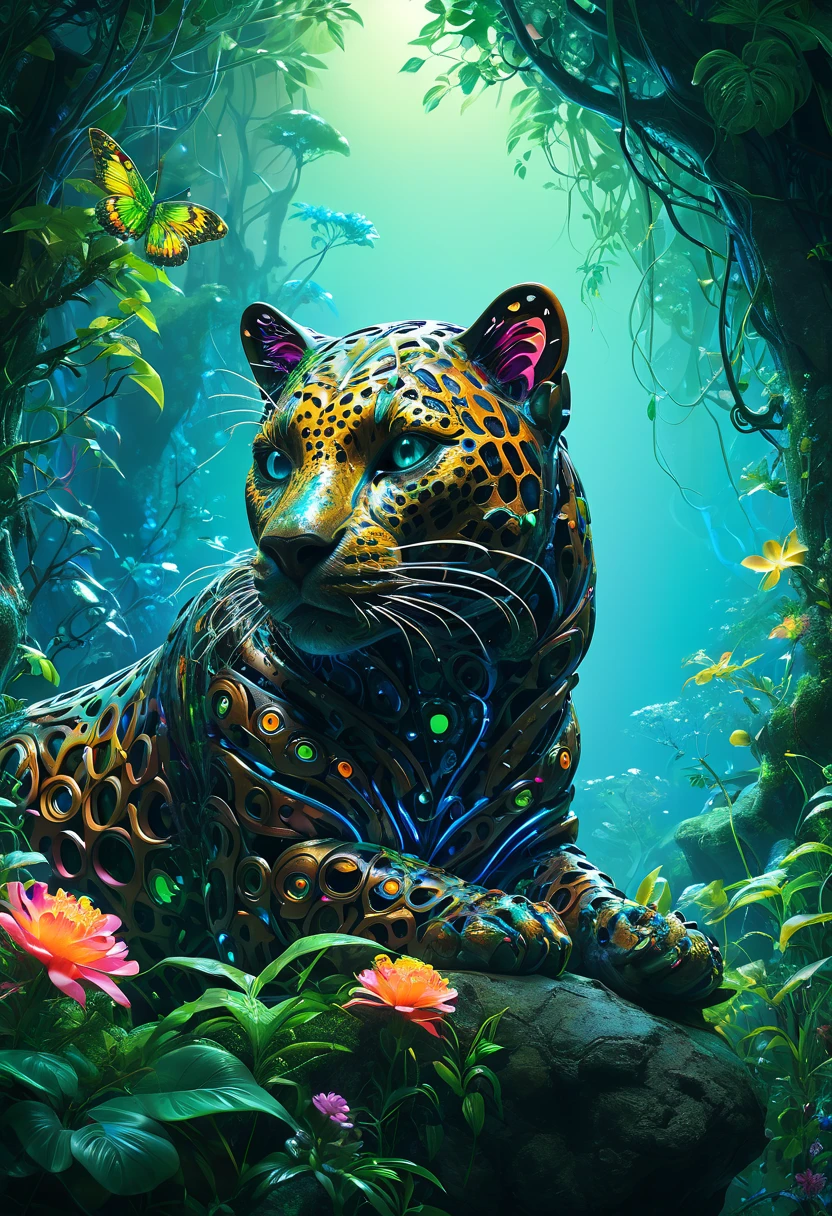 Neon Nature. Photorealistic full-body portrait masterpiece of a mysterious jaguar, a fusion of floral and mechanical elements, wandering through an enchanted forest of bioluminescent trees and glowing plants. This unique jaguar has a perfect body, covered in lush filigree foliage and radiant eyes that emit a soft, mesmerizing light. It explores the surreal landscape, a realm where nature and technology coexist harmoniously. Delicate flowers intertwined with polished metal vines form a fascinating, intricate pattern on the creature's skin. Art by Roger Dean, Josephine Wall, H.R. Giger, and Daniel Lieske. Cinematic high-quality photo, vibrant neon colors. High definition, UHD 4k wallpaper., acrylic painting, trending on pixiv fanbox, palette knife and brush strokes, style of makoto shinkai jamie wyeth james gilleard edward hopper greg rutkowski studio ghibli genshin impact