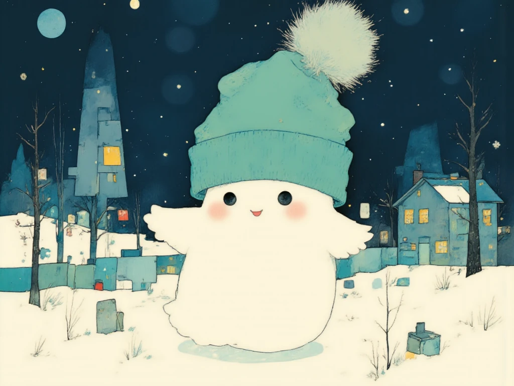 Illustration in style of pattern2 ,in style of  minimalism and cartoon, a cute chubby ghost ,a green knitted hat with a pom-pom on the top of it.lofi cozy autumn, winter season, ultrawide , landscape, bobo,tree and snow, nights,stars 