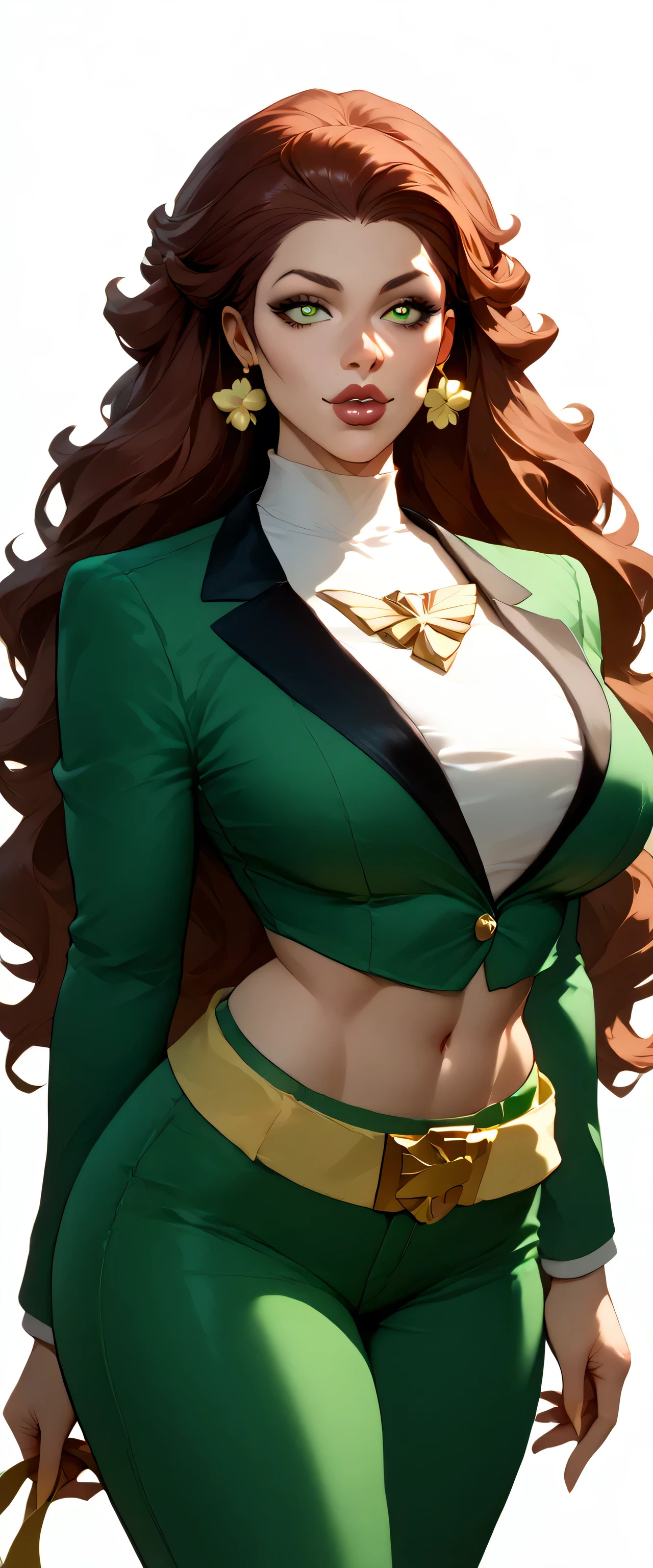 A Russian woman tender big breasted kind wavy hair longer bright red her eyes brown rectangle pupils big lips Rosa is light green military suit brushes yellow line shows navel and her light green pants wearing a yellow belt