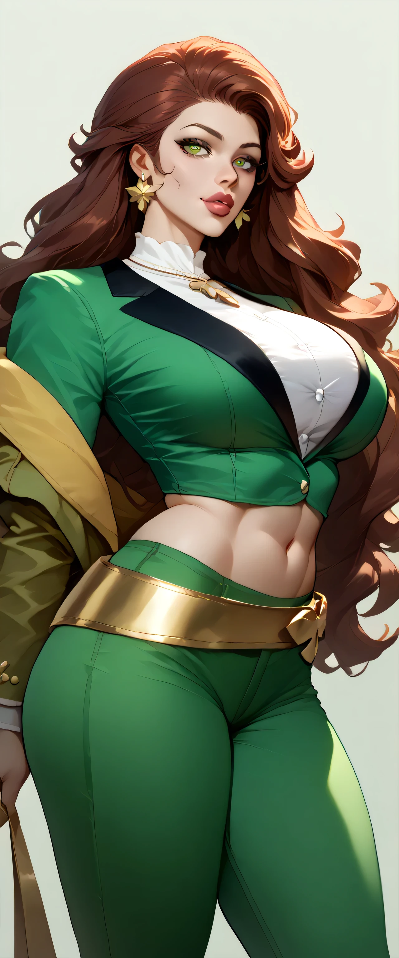 A Russian woman tender big breasted kind wavy hair longer bright red her eyes brown rectangle pupils big lips Rosa is light green military suit brushes yellow line shows navel and her light green pants wearing a yellow belt