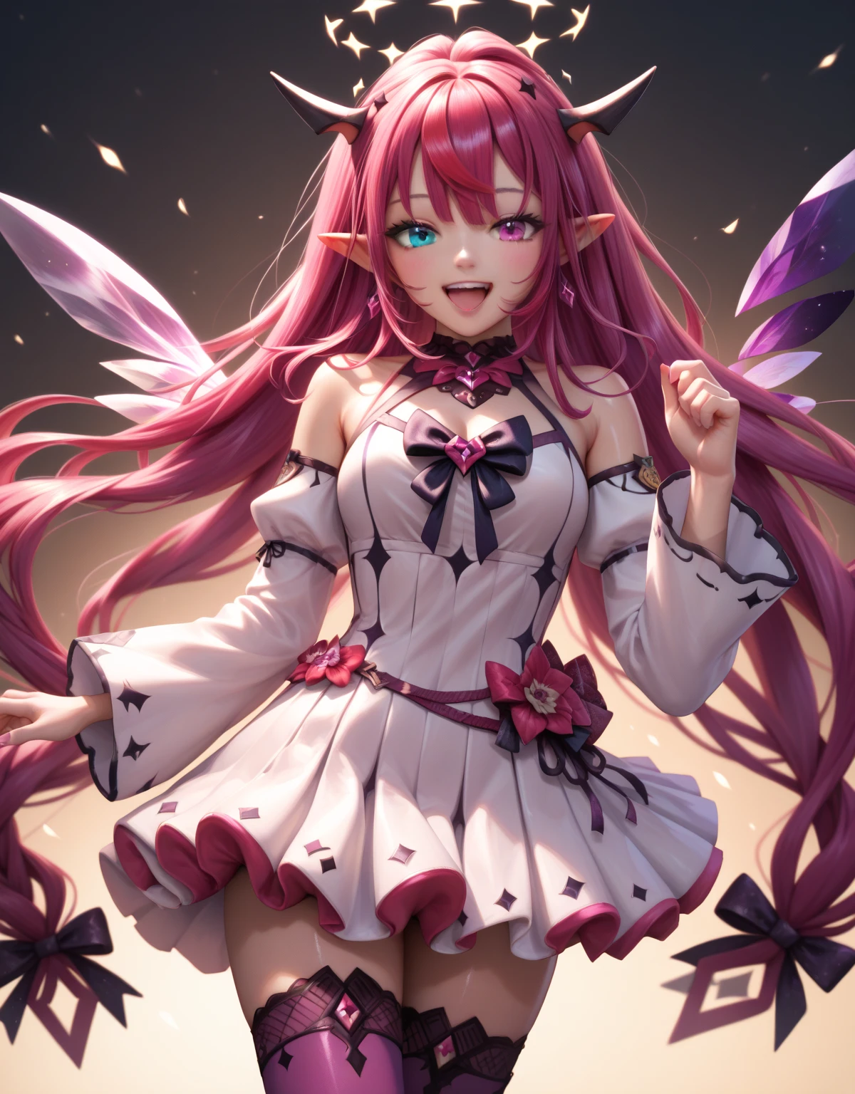 IrysBase, heterochromia, purple eye, blue eye, long hair, double halo, detached wings, white dress, detached sleeves, bare shoulders, purple thighhighs, good anatomy, shiny skin, two arms, two legs, laugh, dynamic pose, (looking at viewer), Shiny, skin,