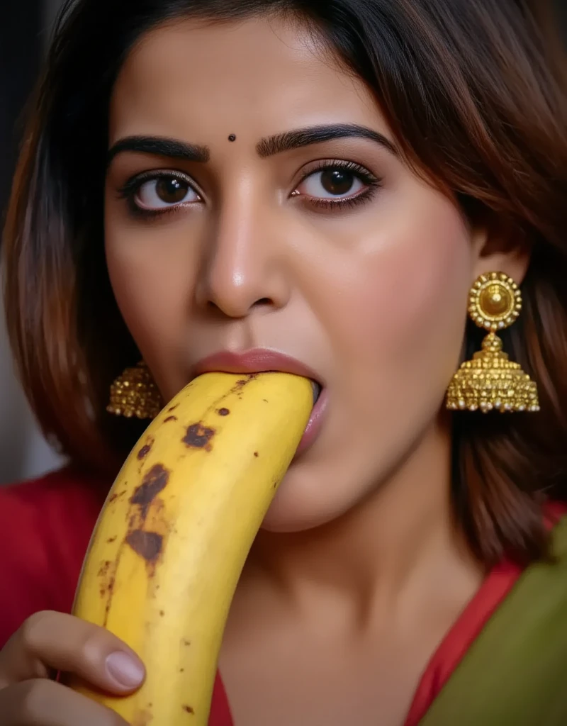 photo from distance , A woman in saree eating a large banana, detailed facial features, beautiful eyes, lush lips, photorealistic, high resolution, 8k, hyperdetailed, studio lighting, dramatic chiaroscuro, cinematic, moody lighting, dramatic shadows, rich colors, vibrant, oil painting, masterpiece, intricate details, hyperrealistic