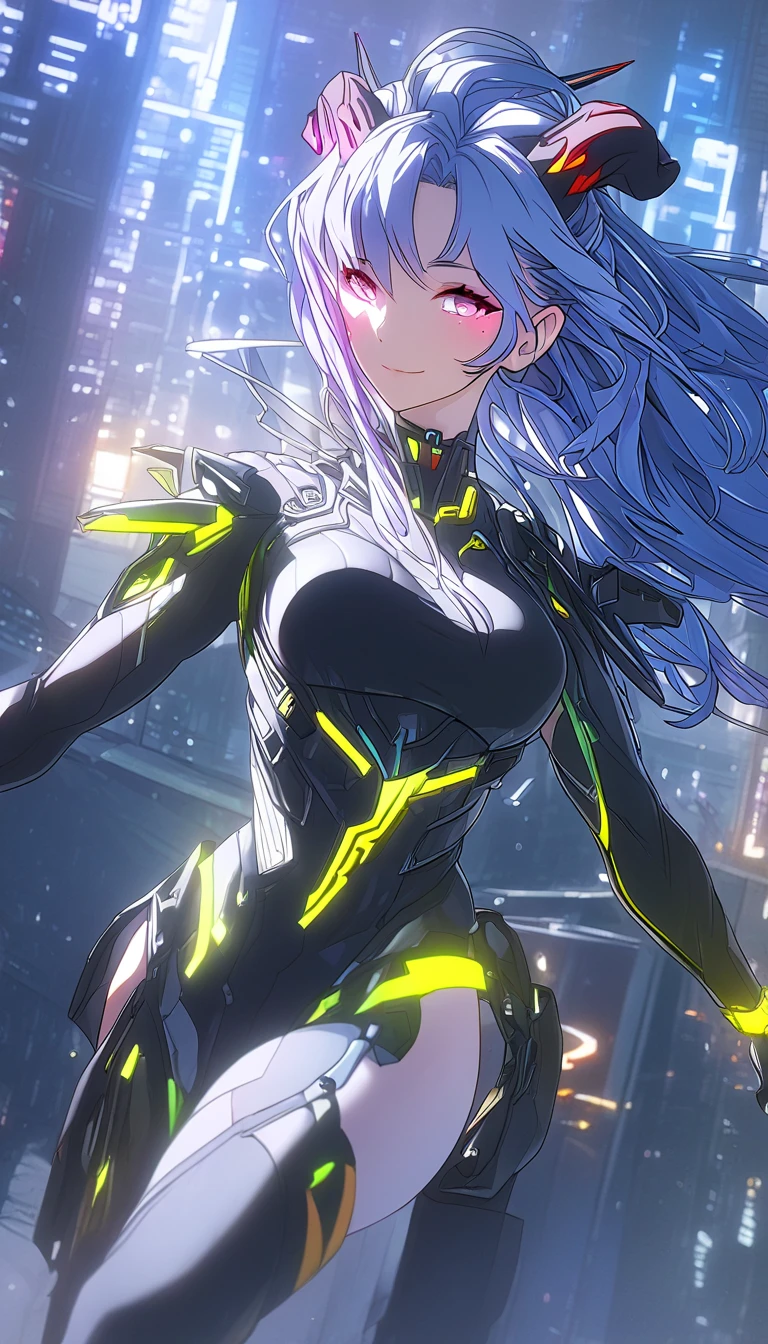 cyberpunk girl, futuristic outfit with neon accents, cybernetic implants, glowing LED lights, asymmetrical hairstyle, detailed facial features, dramatic lighting, urban cityscape background, cinematic composition, dynamic pose, high-end fashion editorial, physically-based rendering, extreme detail description, vivid colors, oft focus, depth of field, atmospheric, ganyu, blue hair, goat horns, horns, long hair, purple eyes, sidelocks, big breasts, full body ,skin pores, score_9, score_8_up, score_7_up, (sfw), (cowboy shot, dutch angle:1.2), 1girl, solo, mature female, whole body shot ,1girl, solo, mature female, smiling, closed mouth ,1girl, solo, mature female, (negative_v2 Color_Balance_Calibration:0.8), Stable_Yogis_Animetoon_Negatives, negativeXL_D, aidxlv05_neg
