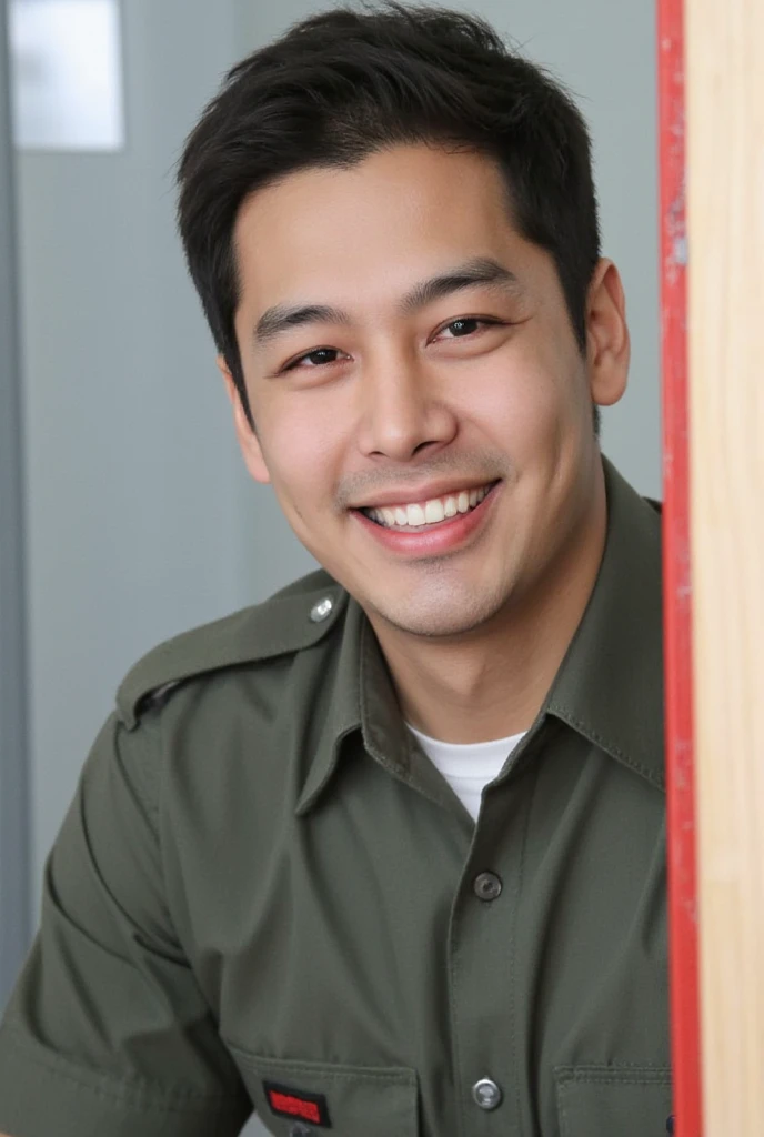 , a raw photograph of a man named Maximum, Wearing a military uniform, In the ID card room ,  Fine Face , Very detailed,  Happy smile
