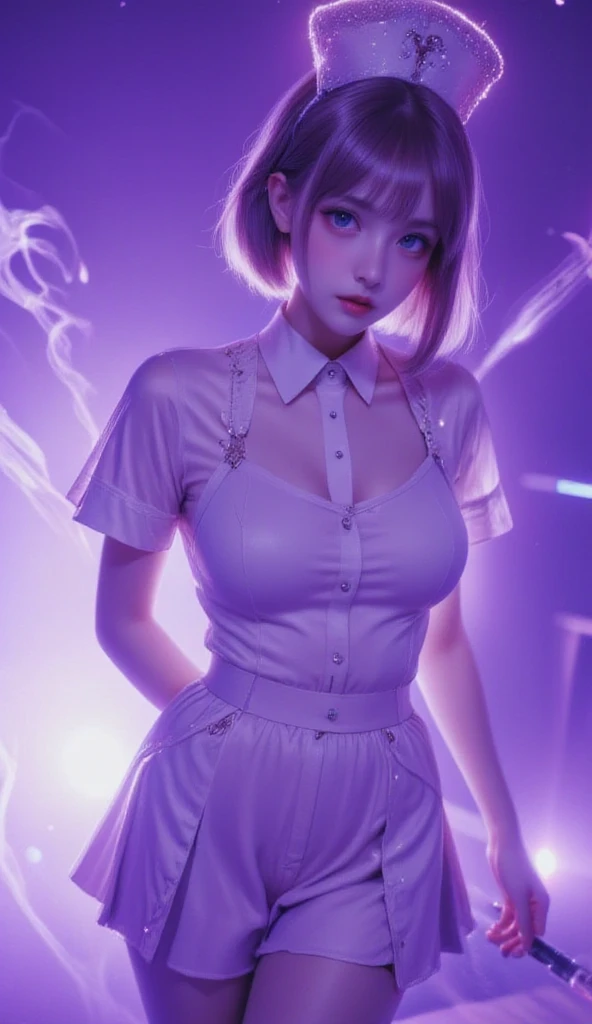 Reality, reality texture, Japanese women, nurse uniform, big breasts, Hirose Alice, female singer with bob hair, skirt, live performance, stage filled with smoke, purple lights, infusion. Syringe, operating table,