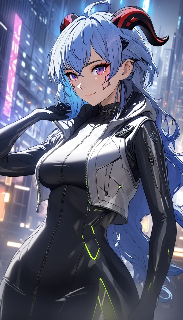 cyberpunk girl, futuristic outfit with neon accents, cybernetic implants, glowing LED lights, asymmetrical hairstyle, detailed facial features, dramatic lighting, urban cityscape background, cinematic composition, dynamic pose, high-end fashion editorial, physically-based rendering, extreme detail description, vivid colors, oft focus, depth of field, atmospheric, ganyu, blue hair, goat horns, horns, long hair, purple eyes, sidelocks, big breasts, full body ,skin pores, score_9, score_8_up, score_7_up, (sfw), (cowboy shot, dutch angle:1.2), 1girl, solo, mature female, whole body shot ,1girl, solo, mature female, smiling, closed mouth ,1girl, solo, mature female, (negative_v2 Color_Balance_Calibration:0.8), Stable_Yogis_Animetoon_Negatives, negativeXL_D, aidxlv05_neg
