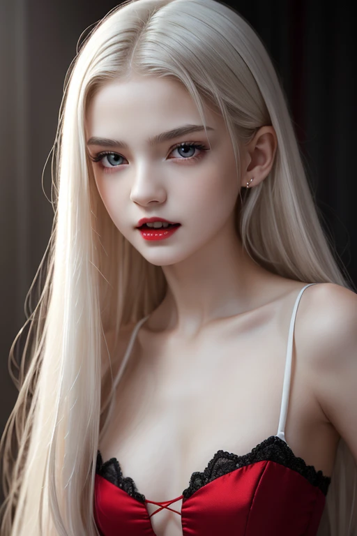 masterpiece.8k.bestquality.detailed.Realstic.Shootfromfront   .ultra-detailed face.vampire girl、Fair skin、whitehair. in the middle of the night、 high definition ,  anatomically correct,  top quality,  High Definition Model ,  high detail,  very detailed,  inviting ,  long hair,  red eyes,  Has sharp fangs,  red lips,  pale,  Blurred Background,   lick your finger、 Smooth skin 、 clear outline、White.blackandreddress.fullbody.12yearoldgirl.ぷっくりした唇.唇を舐める, 