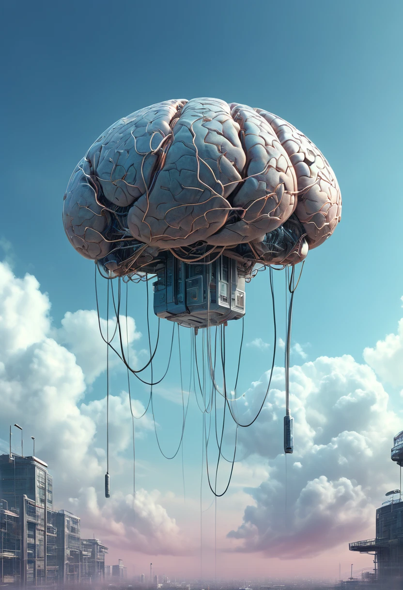 A giant brain with wires hanging from it is floating suspended in the sky. The style digital illustration uses soft tones to create an atmosphere reminiscent of science fiction or fantasy. This depiction symbolizes advanced technology and futuristic civilization, adding elements that evoke wonder and curiosity. Soft muted colors, dystopian cyberpunk aesthetics, hyper-realistic textures and highlights. Digital artwork