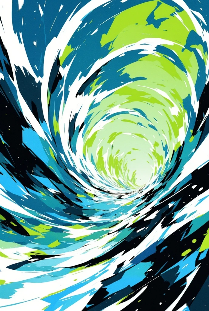 Create an abstract illustration that vividly captures the theme of 'Rapid Descent.' The artwork should feature bold, dynamic lines and shapes that convey a sense of swift, downward motion. Use a vibrant color palette with shades of blue, green, and white to evoke the sensation of plunging through the air or water. Incorporate elements like swirling patterns, sharp angles, and fluid forms to emphasize the intensity and speed of the descent. The overall composition should be energetic and visually striking, reflecting the dramatic nature of a rapid fall.