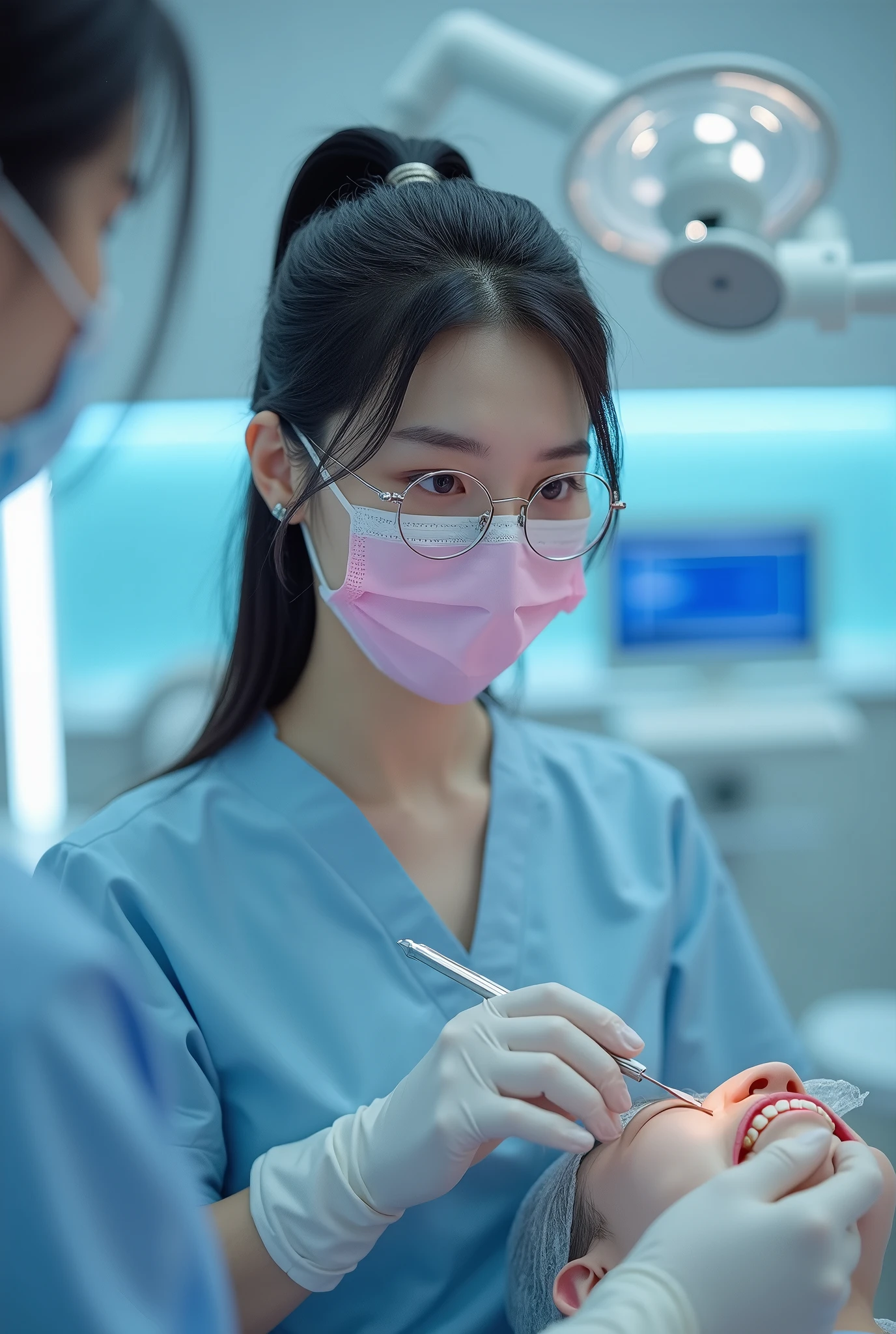 (((Beautiful dental hygienist)))、(((Appearance during treatment)))、Medical masks、((don't wear panties)), (((Leaning forward to observe the patient)))、(((Independent Lab Coat)))、(8K、Highest quality、masterpiece:1.2)、(Realistic、Photorealistic:1.2)、 Amazingly cute girl、18-year-old、(((Neat and clean white coat)))、(((Hmm..)))、独奏、hospital、Sit on a chair with your legs crossed、Staring at the audience、(Sit on a chair:1.5)、(((Patient room in hospital)))、A chest that's about to burst、Beautiful and beautiful eyes、)、(Dark blonde hair:1)、(mature:1.1)、Skirt, Nurse's coat, Black Stockings, Black Hair , pumps, Brown eyes, Black socks, one piece,