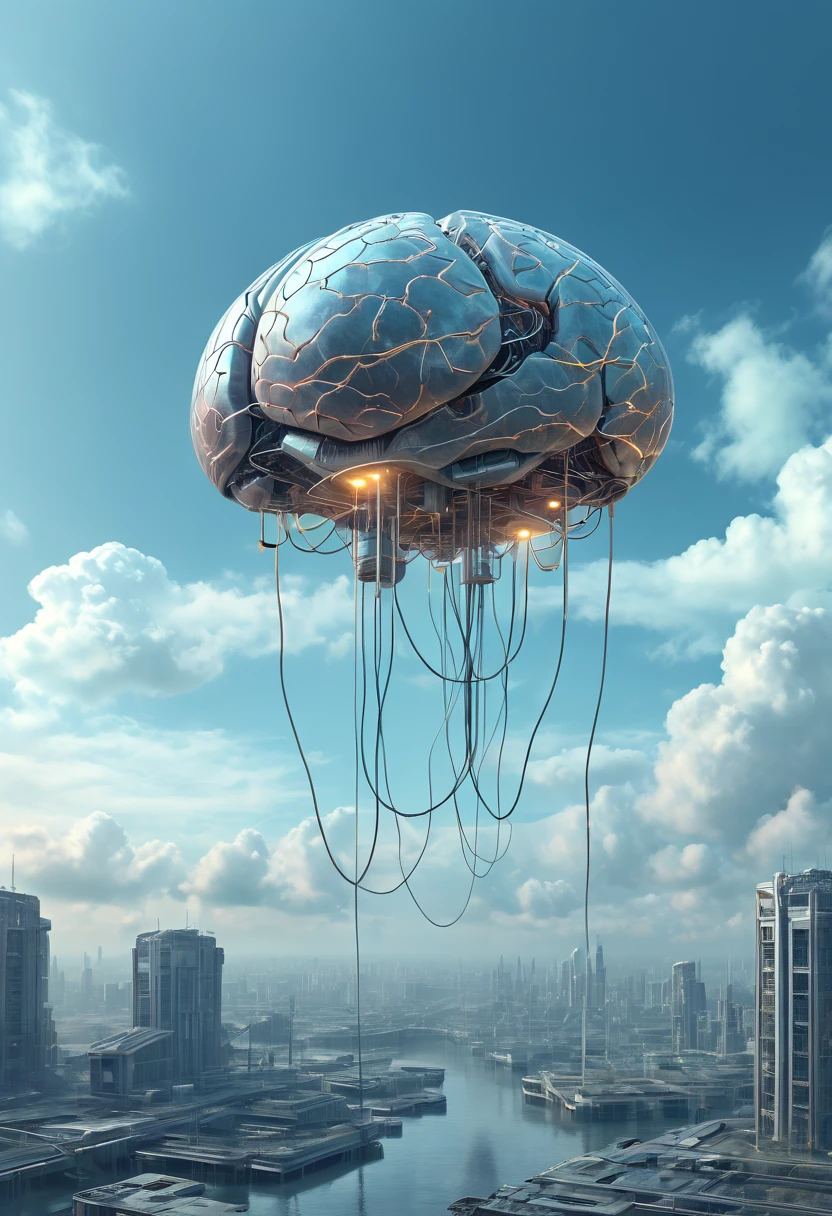 A giant brain with wires hanging from it is floating suspended in the sky. The style digital illustration uses soft tones to create an atmosphere reminiscent of science fiction or fantasy. This depiction symbolizes advanced technology and futuristic civilization, adding elements that evoke wonder and curiosity. Soft muted colors, dystopian cyberpunk aesthetics, hyper-realistic textures and highlights. Digital artwork