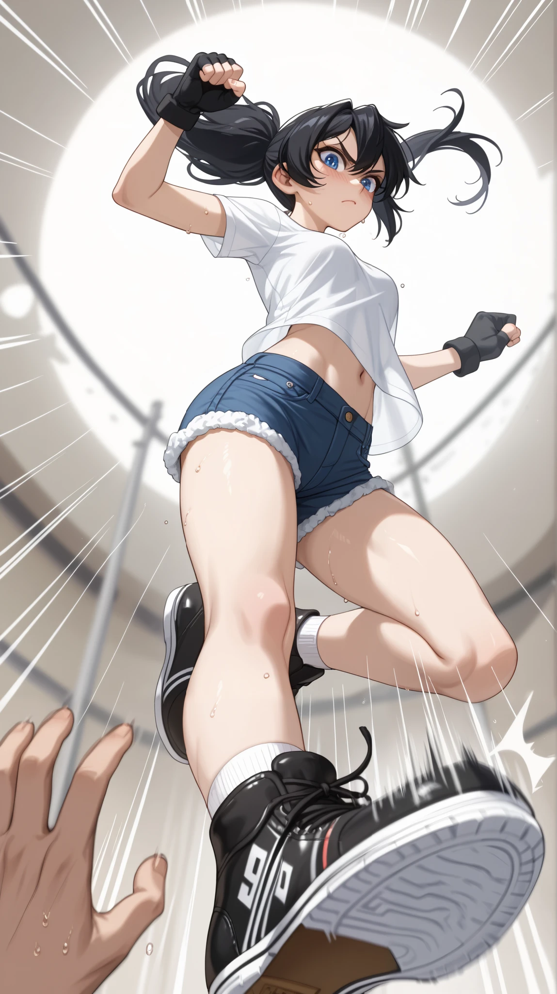 A little blush, sweat, serious expression.,((very Strong　Depiction of speed lines on shoes and body:1.5 ))、high-speed drop attack、Shoe soles focus、footstamp,、worm’s-eye view、Action, Fighting、Female fighter in denim shorts and white short-sleeved T-shirt, swooping kicks,Shoe soles、solo focus, low-angle view、Kick with one leg straight out、 Woman jumping and kicking、 vertical drop、shoes, fingerless gloves、hand,stable_Yogis_Animetoon_Negatives, powerful composition 、 dynamic composition 、 , slim body, medium chest、Expressions of high speed movement with energy surrounding the body、sound effects、motion lines、motion lines、black hair ponytail、Fast Moving、Kaio-ken、Strong　speed lines 、sound effects、Small sun, light clouds,blue eyes,perfect eyes,