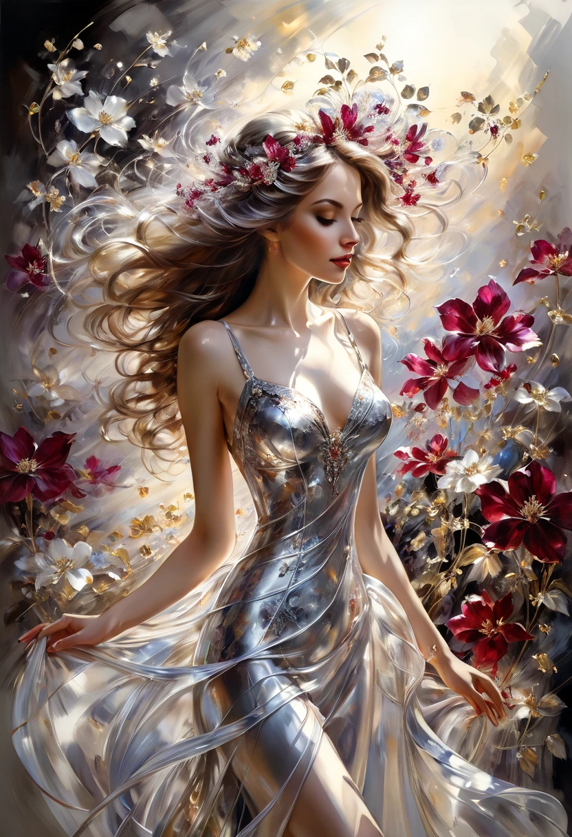 Mikhail Garmash's style, transparent thinnest delicate petals silvery-smoky-burgundy, wavy at the edges, glow in the sun, dark fantasy, 3D, fine art, harmony of milk silver-gold colors, high resolution, spectacular colors, drawing with colored ink and pen, dark botanical art, fabulousness