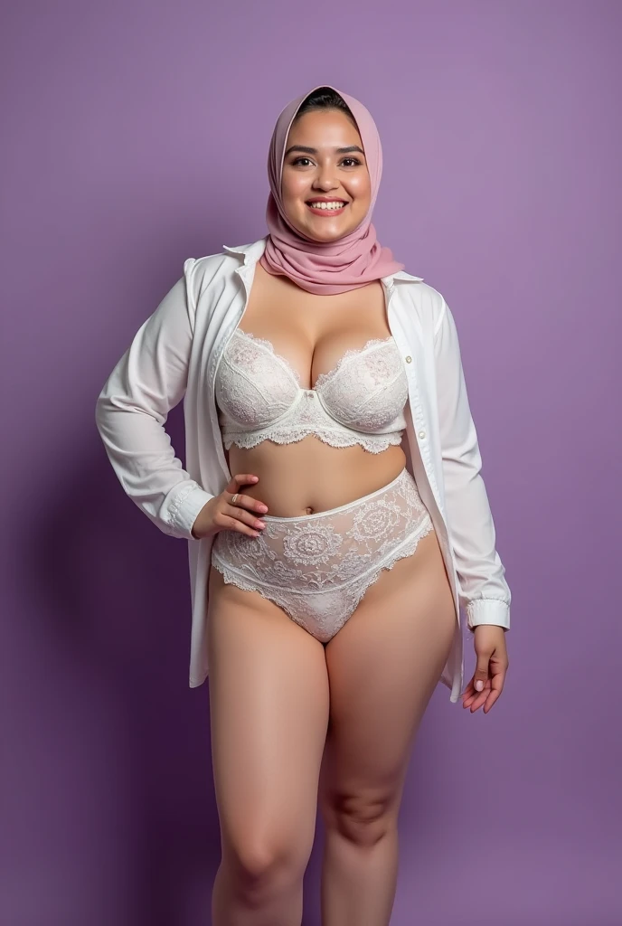 Vogue style side view photo shoot of malay 40 years old matured woman in hijab wear lace lilac bra and panties with pastel colored background in Wes Anderson style, detail skin texture, big sagging breast, dark , camel toe, saggy breast, big round ass, wide hips, thick thighs, beer belly, curvy, view from side, hyper - realistic photography, Wes Anderson style, full body, 8k, close - up shot, extreme close - up photo