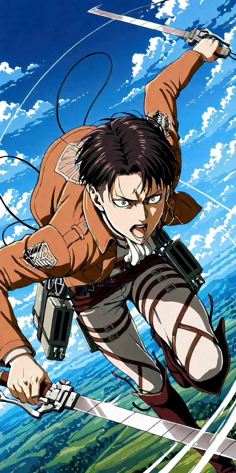 solo,1boy\(Levi Ackerman\(attack of titan\),diving to Titan from high above by The 3-D Maneuver Gear, downspin,motion blur,(dynamic pose),mad,angry,open mouth,holding 2swords\).anthro,screen capture.dynamic angle. BREAK .quality\(8k,wallpaper of extremely detailed CG unit, high resolution, top-quality, top-quality real texture skin, hyper realistic, increase the resolution, RAW photos, best quality, highly detailed, the wallpaper, golden ratio, high saturation realism, vibrant colors, dramatic lighting, persuasive storytelling, atmospheric scenery, captivating visuals, intricate details, strong emotions, dreamlike world\).landscape, dutch angle,action shot,(motion blur:1.3),limited color,tense battle scenes